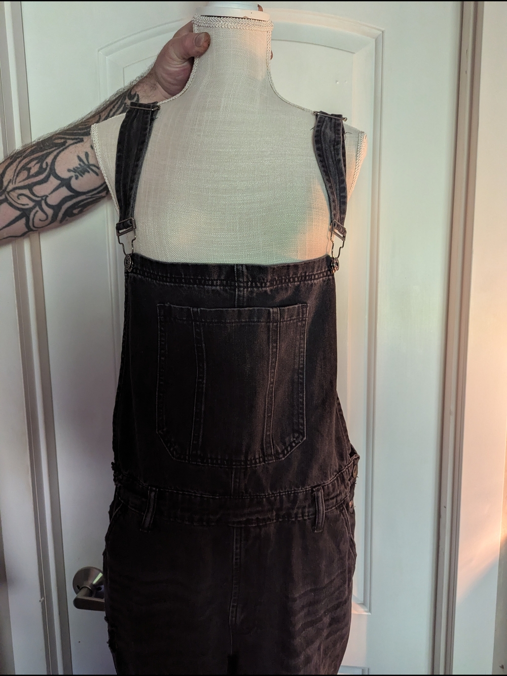 Risen Black Distressed Crop Denim Overalls